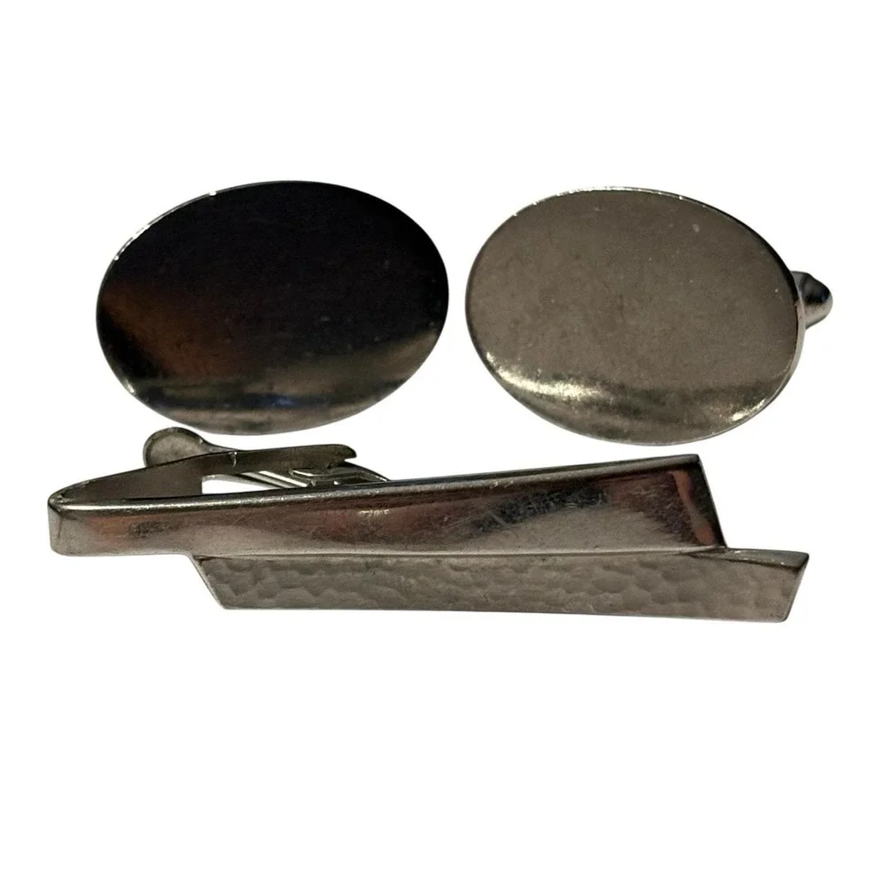 Vintage Cufflinks Tie Bar Signed Anson & Foster Mens Silver‎ Tone Classic Formal